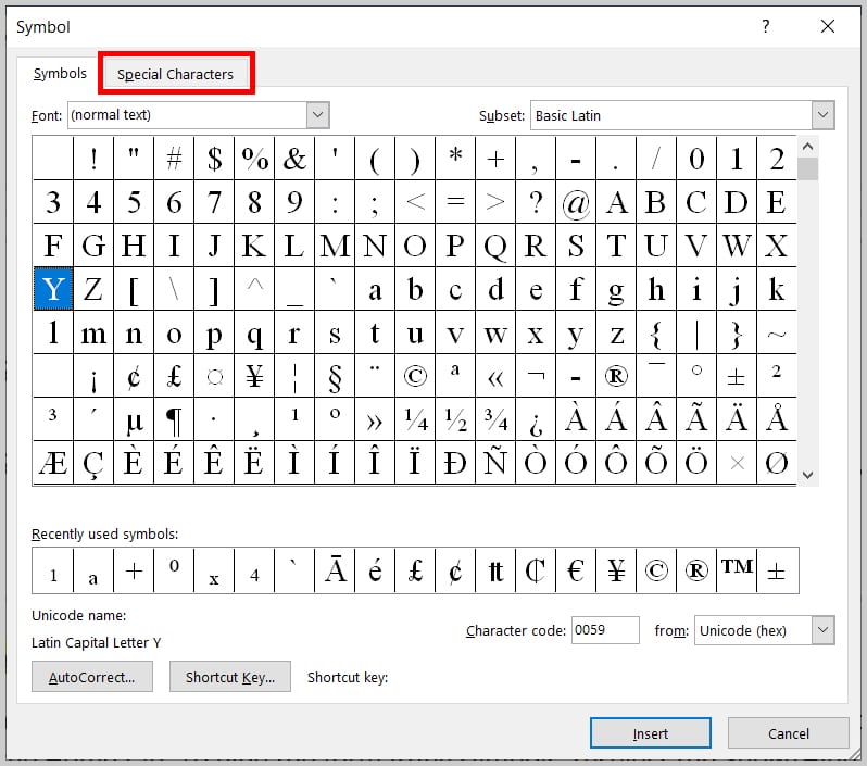 microsoft word special character codes